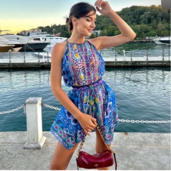 💙 ZARA BOHO BLUE MULTI ABSTRACT COLD SHOULDER LOOSE FIT CROPPED TOP! - Picture 6 of 16